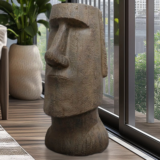Concrete Easter Island Head Statue - 35.6" Tall Moai Head Sculpture for Patio and Garden Decor