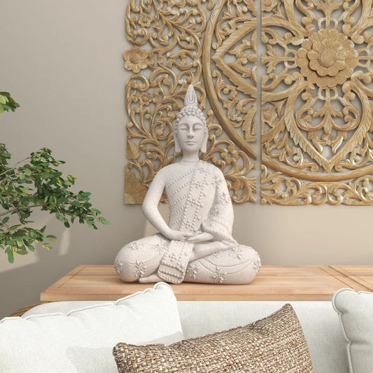 Quincy Magnesium Oxide Meditating Buddha Decorative Garden Sculpture with Floral Carvings and Beaded Detail